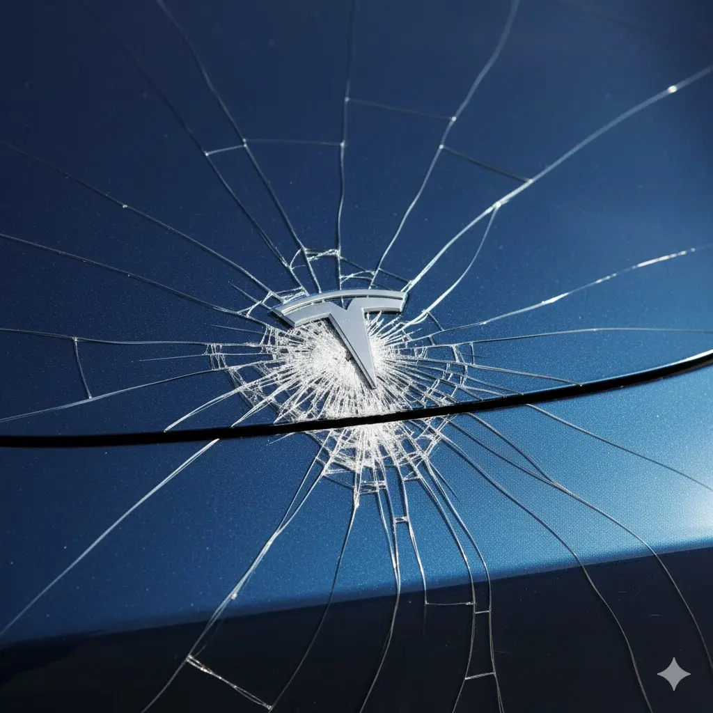 테슬라위기 테슬라 로고를 중심으로 거미줄처럼 금이 간 파란색 자동차 유리 클로즈업