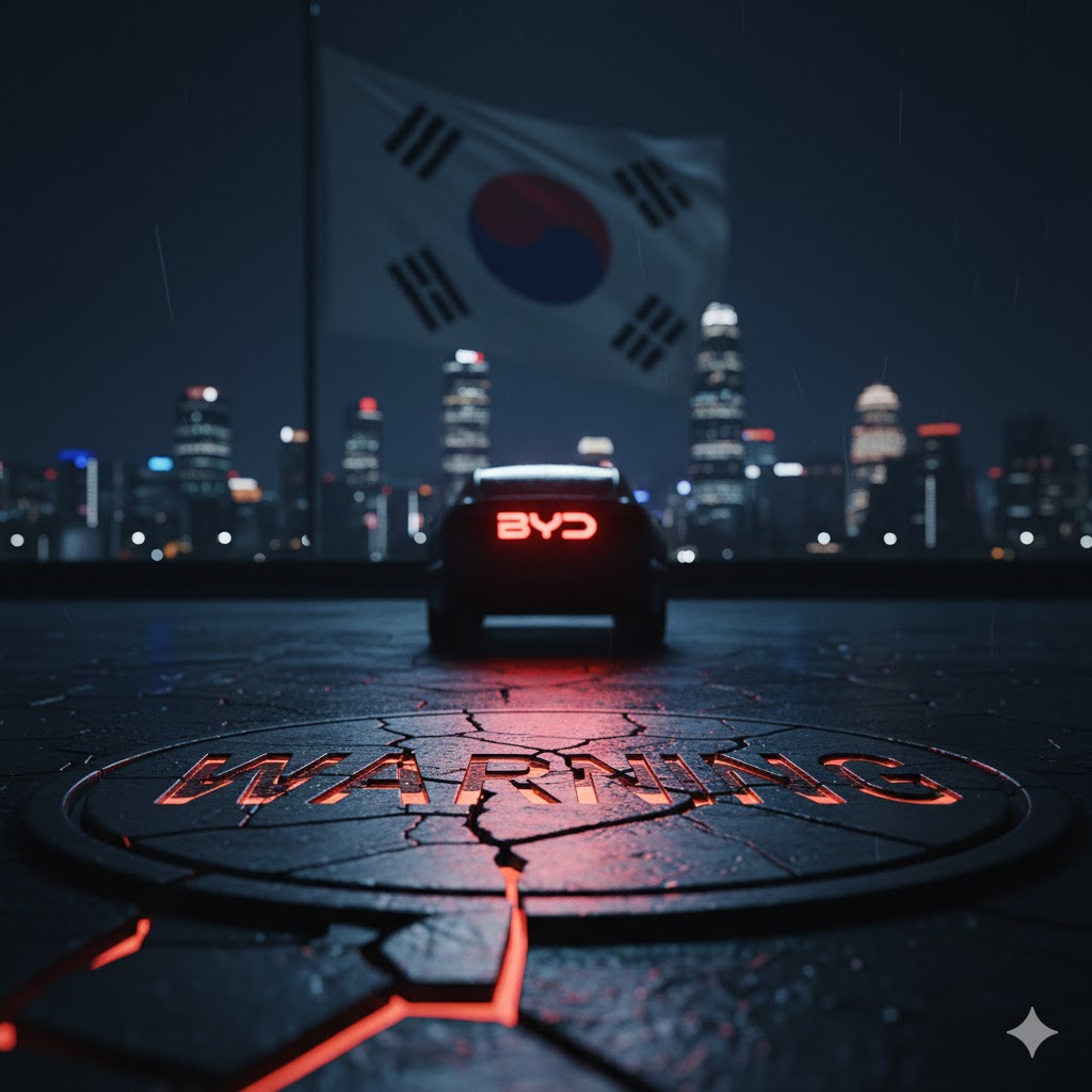 밤하늘 아래 한국 국기를 배경으로 도심 스카이라인 앞에 선 BYD 전기차와 바닥에 붉게 빛나는 경고 문구