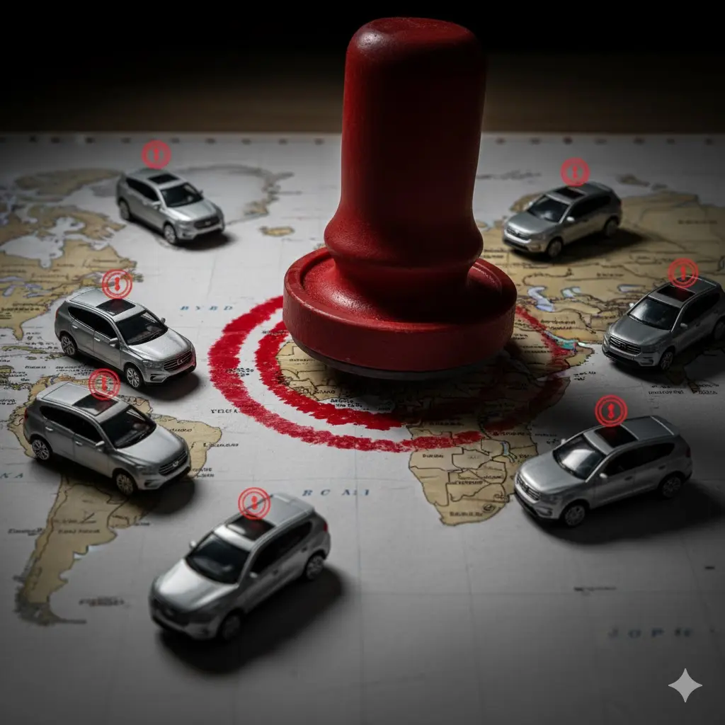 세계 지도 위에 여러 대의 BYD SUV 모형과 중앙에 찍힌 붉은 동심원 리콜 스탬프가 놓여 있는 이미지