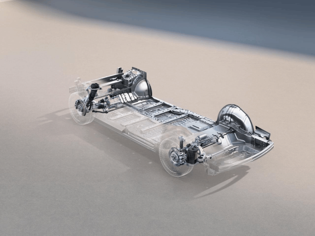 샤오펑 육지 항공모함의 6륜 구동 전기차 플랫폼 섀시 프레임, 에어 서스펜션과 대용량 배터리팩, 후륜 조향 시스템의 구조도.