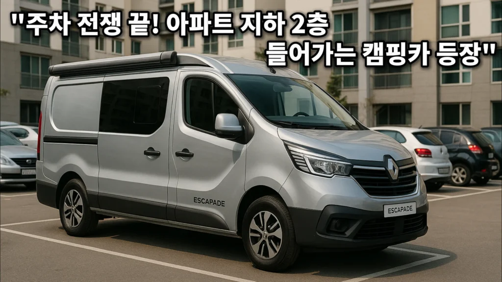 르노 트래픽 이스카파드 아파트 단지 주차장에 자연스럽게 주차된 르노 트래픽 이스카파드, 실버 바디와 순정 실루엣이 ‘주차 걱정 없는 데일리 캠퍼’ 콘셉트를 강조한 실사 사진