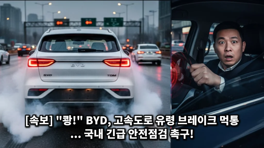 고속도로에서 급제동하며 연기를 뿜는 BYD SUV와 놀란 표정의 운전자를 합성한 유령 브레이크 사고 경고 썸네일