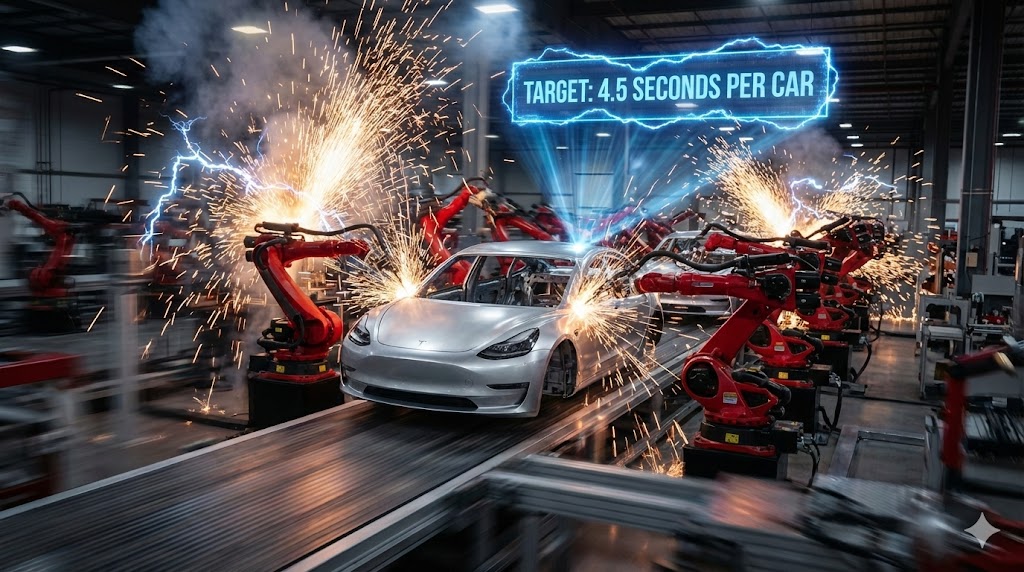 High-speed robotic arms assembling Tesla Model 3 components in China