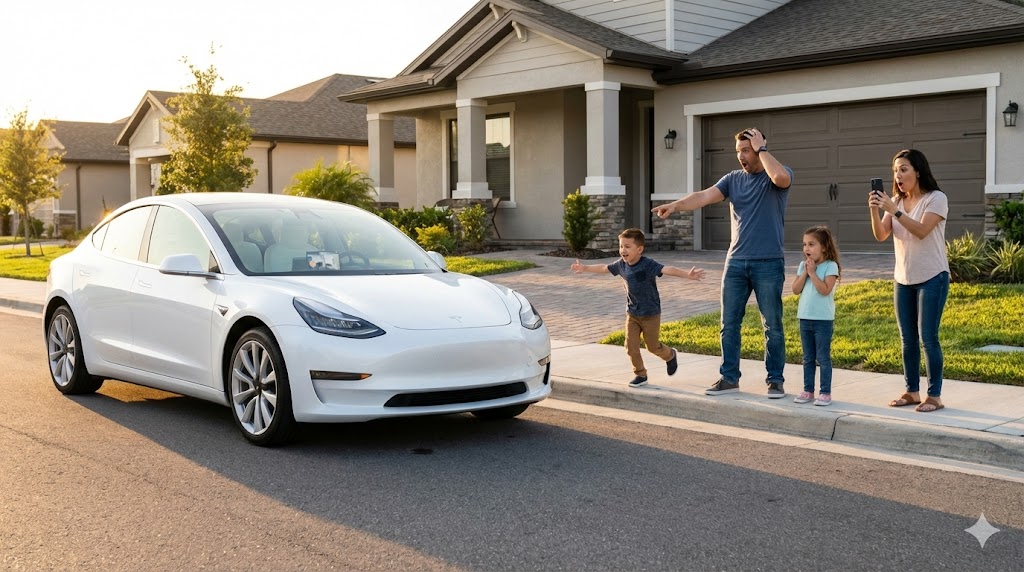 A white Tesla arriving autonomously at a modern home with a surprised family