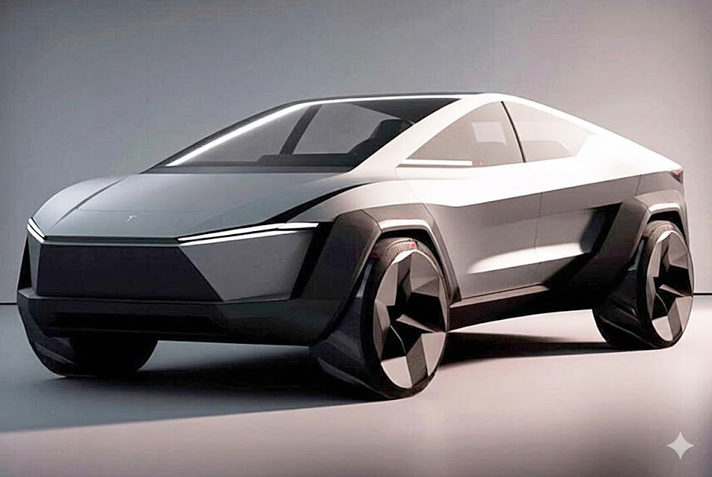 Futuristic silver Tesla Model 2 Project Redwood hatchback concept art