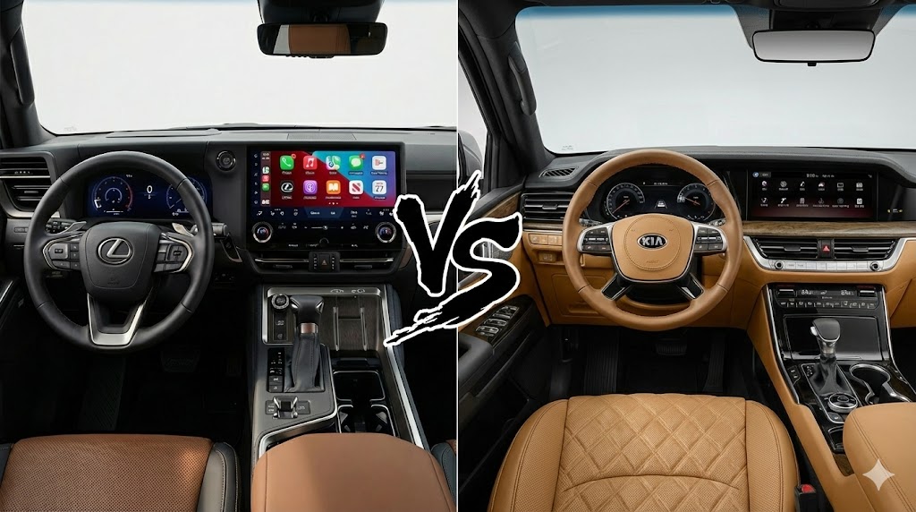 기아 모하비 구형 실내 센터페시아 대 렉서스 GX 550 14인치 디스플레이 인테리어 비교
