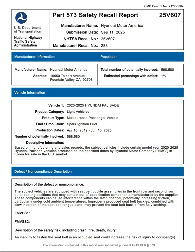 Official NHTSA Safety Recall Report 25V607 for Hyundai Palisade