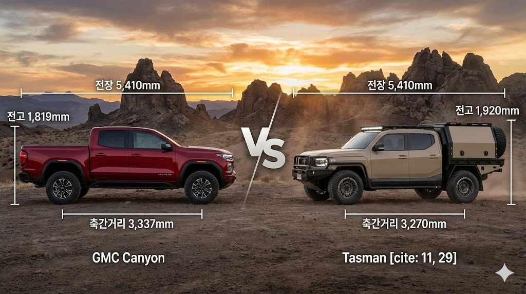 GMC 캐니언 기아 타스만 전장 휠베이스 크기 제원 비교