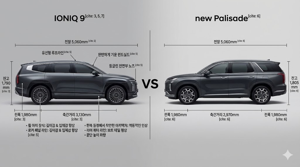 아이오닉 9 팰리세이드 측면 크기 및 휠베이스 길이 비교 예상도