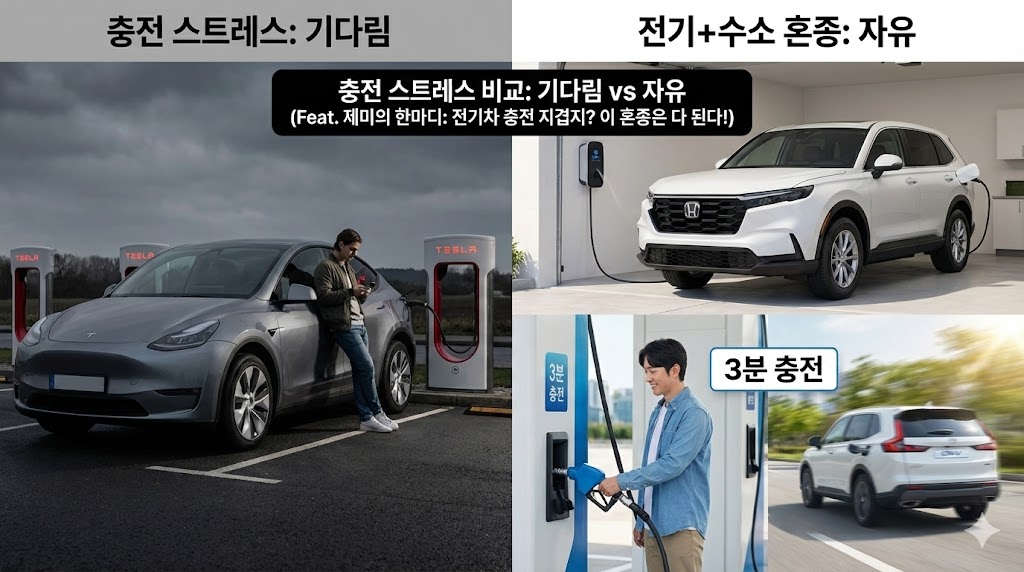 전기차 충전 대기 시간 vs 수소차 충전 속도 비교, 혼다 CR-V 플러그인 충전 및 수소 주입 모습