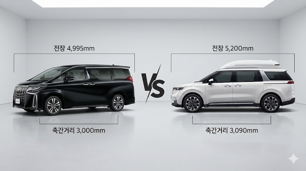 알파드와 카니발 하이리무진의 측면 길이(전장) 및 휠베이스(축간거리) 제원 비교 차트