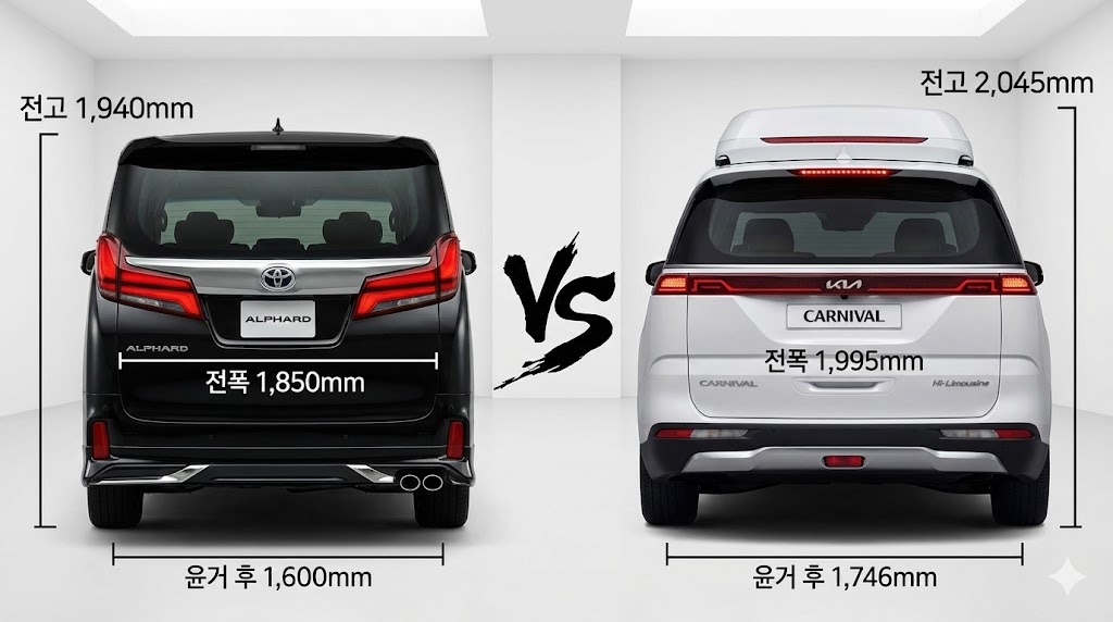 토요타 알파드와 기아 카니발 하이리무진의 후면 디자인 및 차체 너비 비교