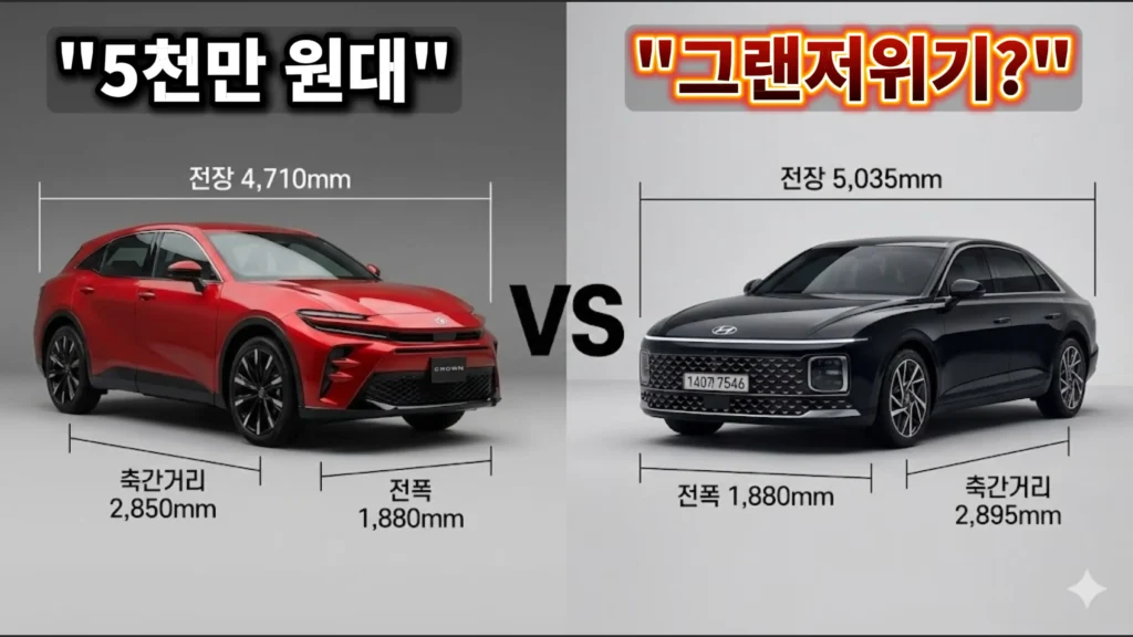 토요타 크라운 스포츠 vs 현대 그랜저 GN7 전장 및 휠베이스 제원 수치 비교표