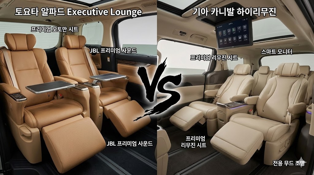 토요타 알파드 이그제큐티브 라운지 오토만 시트와 카니발 하이리무진 리무진 시트 옵션 비교