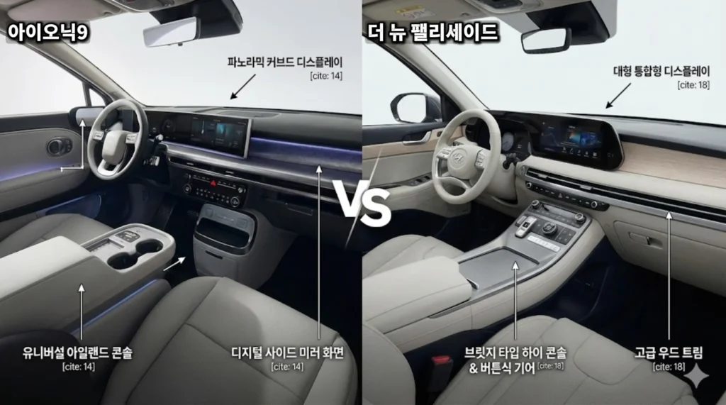 아이오닉 9 유니버설 아일랜드 vs 팰리세이드 브릿지 타입 콘솔 실내 인테리어 비교