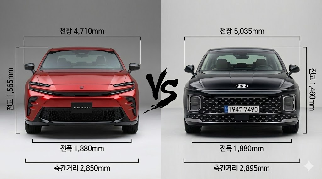 토요타 크라운 스포츠와 그랜저 GN7 정면 전고 높이 비교 분석