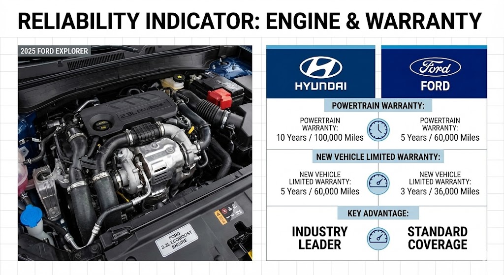 Reliability and warranty comparison chart between Ford’s 2.3L EcoBoost and Hyundai’s industry-leading coverage.