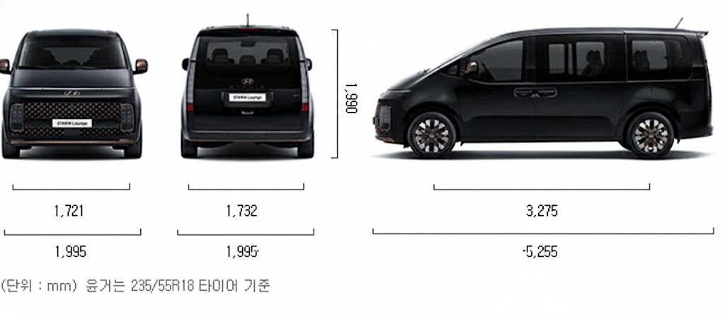 VW ID. Buzz vs 기아 PV5 현대 스타리아 라운지 전장 전폭 전고 상세 제원 치수 도면 및 측면 디자인