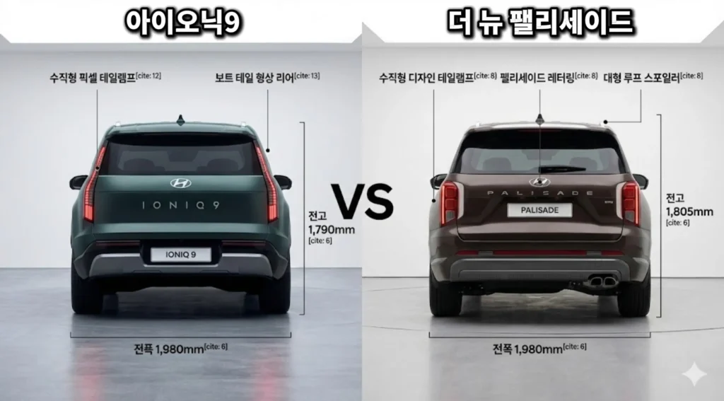 팰리세이드 풀체인지 vs 아이오닉 9 현대 아이오닉 9 수직형 테일램프 vs 팰리세이드 LX3 후면 디자인 비교