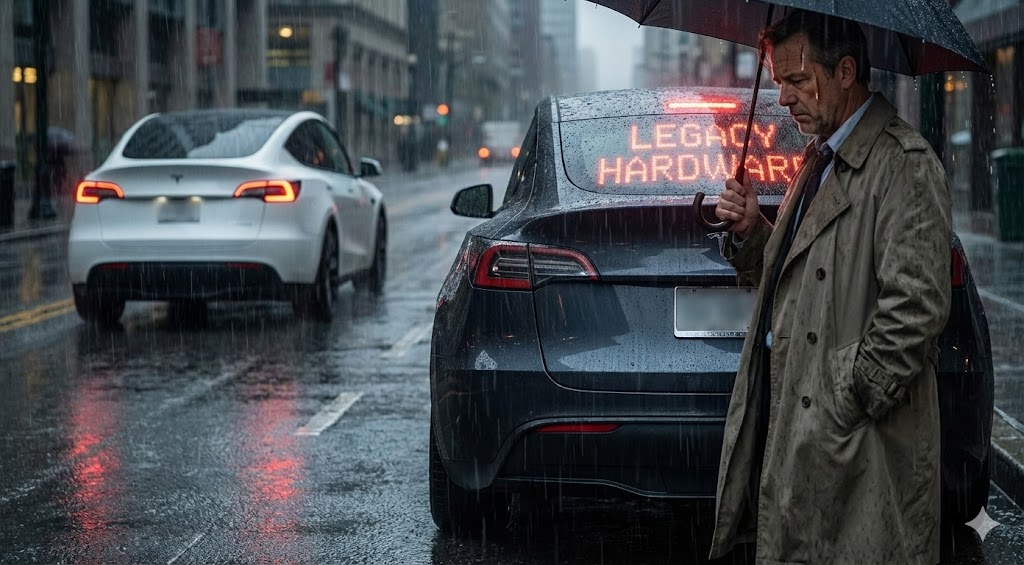 A middle-aged man standing in the rain next to his legacy Tesla, looking dejected as a Juniper model drives away.
