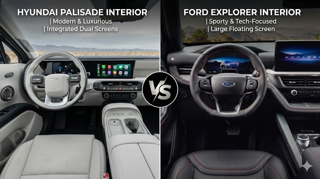 Interior comparison of Hyundai Palisade’s luxury-focused cabin vs Ford Explorer’s tech-focused digital cockpit.