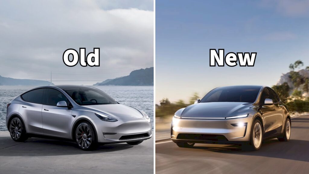 Tesla Model Y Juniper Value Front-facing comparison of the Old Model Y and the new sleek Juniper model.
