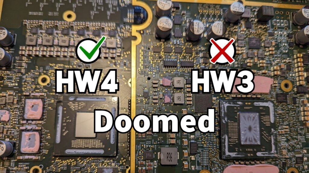 Physical side-by-side comparison of the HW3 and AI4 (HW4) FSD computer boards.