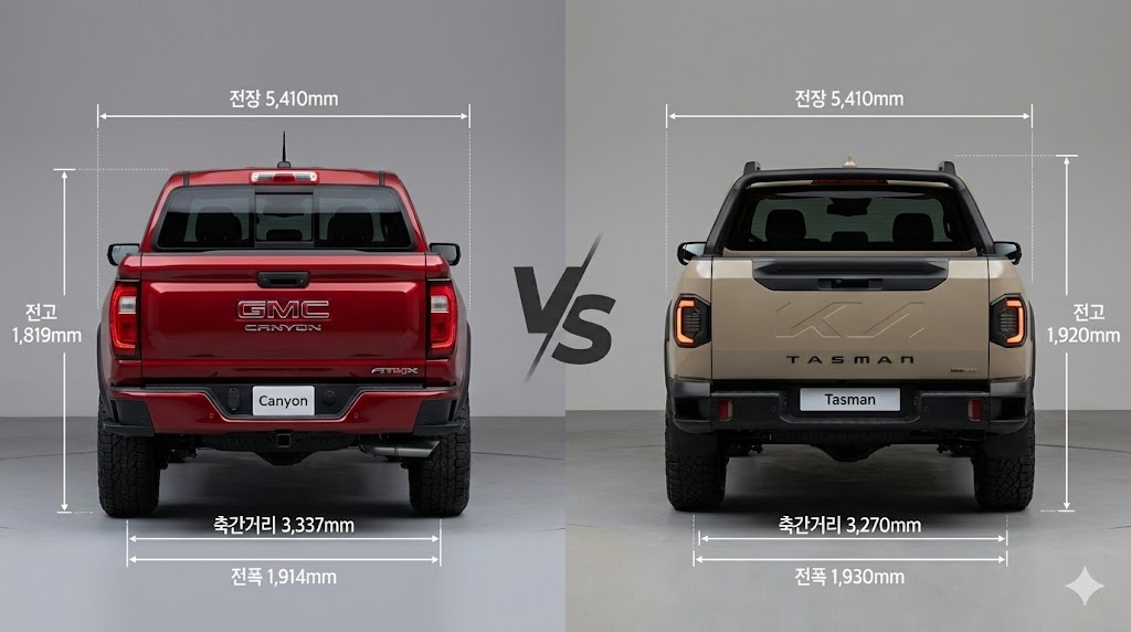 GMC 캐니언 기아 타스만 후면 테일게이트 디자인 차이