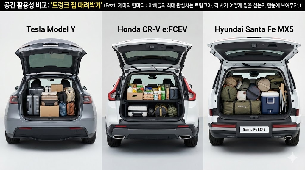 테슬라 모델Y 비교 SUV 트렁크 공간 비교, 테슬라 모델Y vs 혼다 CR-V e:FCEV vs 싼타페 적재 용량 테스트