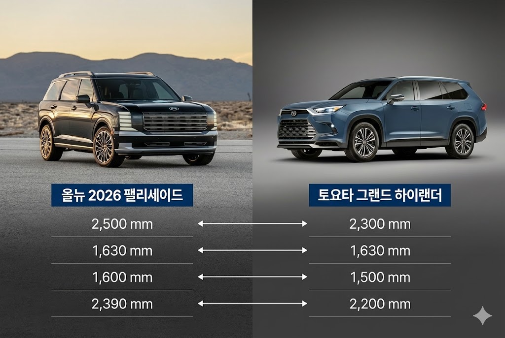 팰리세이드와 도요타 그랜드 하이랜더 제원 및 휠베이스 비교 데이터