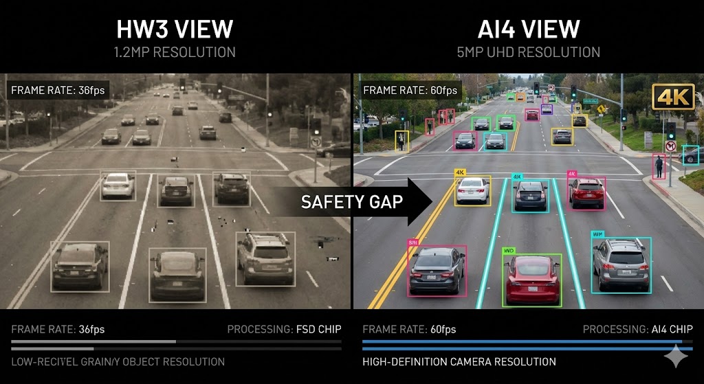 Side-by-side technical comparison of 1.2MP resolution on HW3 versus 5MP UHD resolution on AI4 cameras.