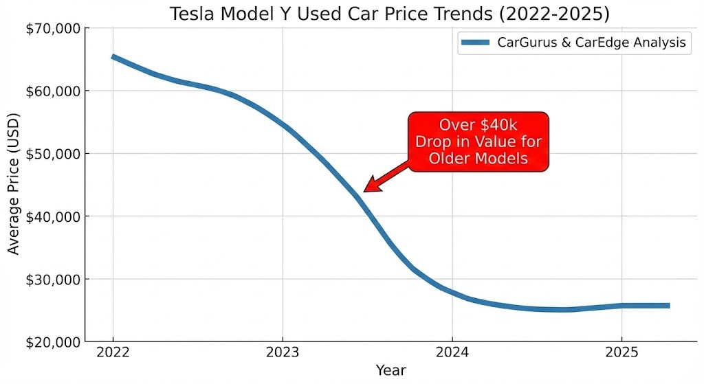 A line chart from CarGurus showing Model Y resale value crashing from $65k to $25k between 2022 and 2025.