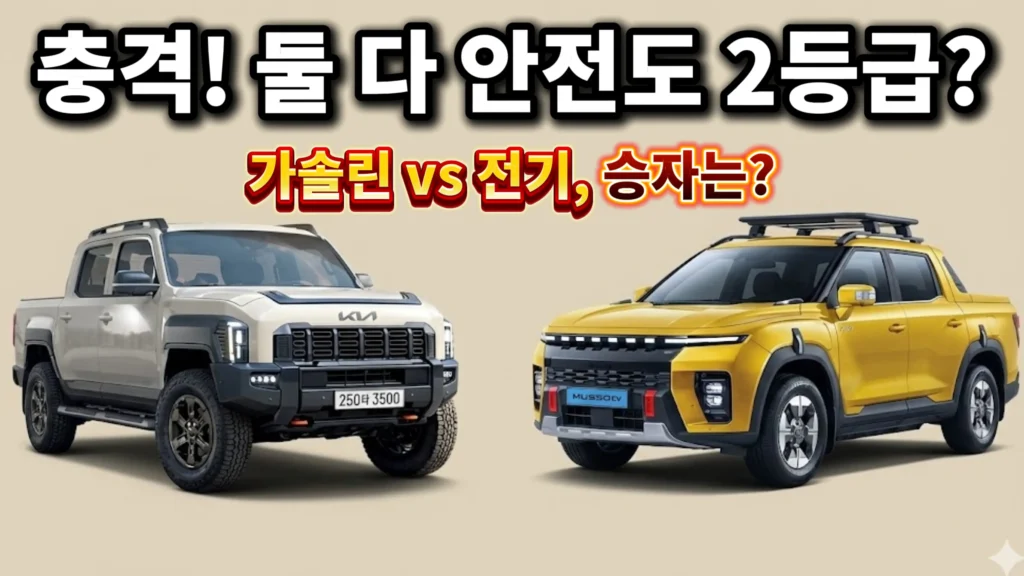 Comparison of Kia Tasman gasoline pickup and KGM O100 electric pickup truck