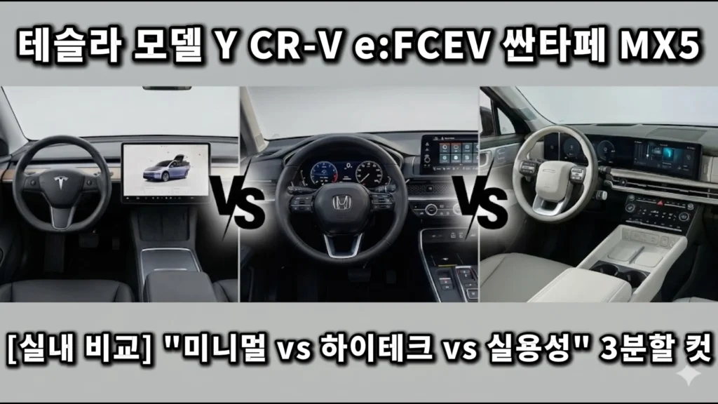 테슬라 미니멀 인테리어 vs 혼다 CR-V 물리 버튼 vs 싼타페 커브드 디스플레이 운전석 디자인 비교