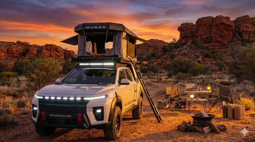 2026 KGM Musso Sport with a rooftop tent during a sunset camping trip in the wilderness.