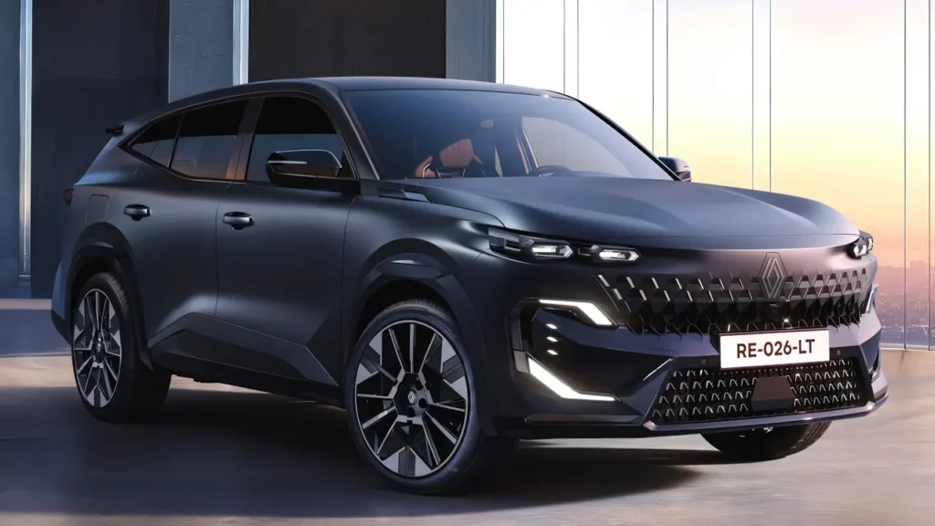 Front view of the 2026 Renault Filante in white, showcasing the illuminated Losange logo and sleek LED headlights.