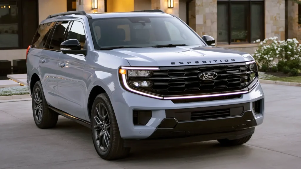 Front view of the 2025 Ford Expedition Stealth Performance in a luxury driveway