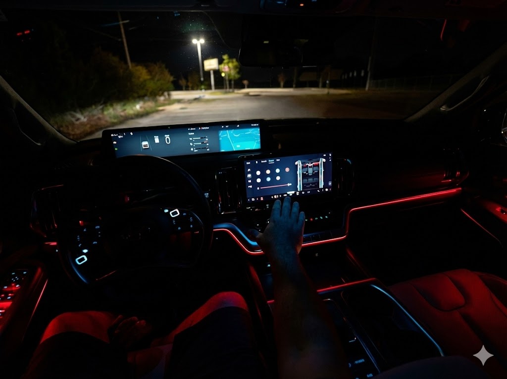 Interior night view of the 2025 Ford Expedition showing the 24-inch panoramic display