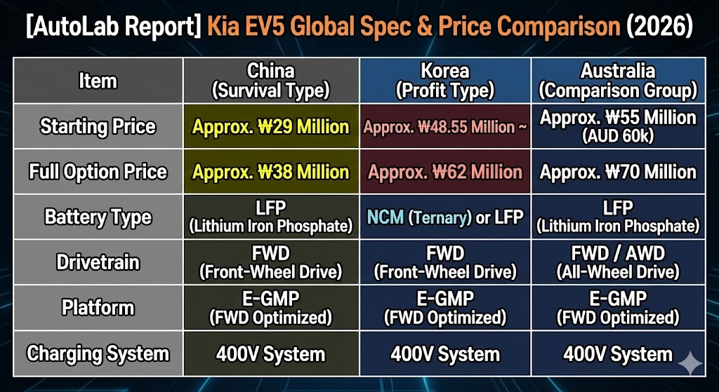 AutoLab report data table comparing Kia EV5 price, battery, drivetrain, and platform across China, Korea, and Australia markets in 2026.