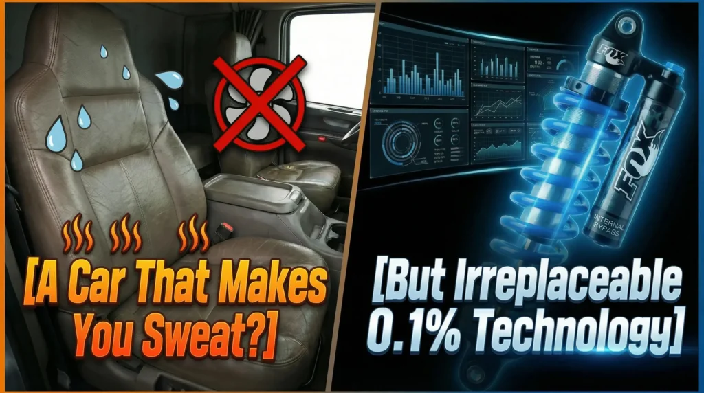 Ford Ranger Raptor review comparing the lack of ventilated seats and high-tech Fox Live Valve suspension system.