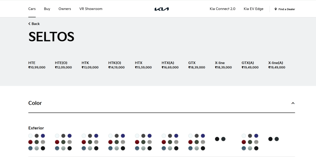 Kia India official website Seltos price list 1,099,000 INR