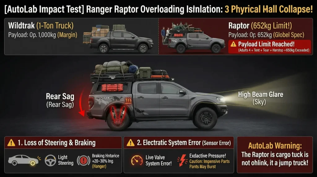 Technical simulation of Ford Ranger Raptor payload limits showing rear sag and physical failure stages when exceeding 652kg.