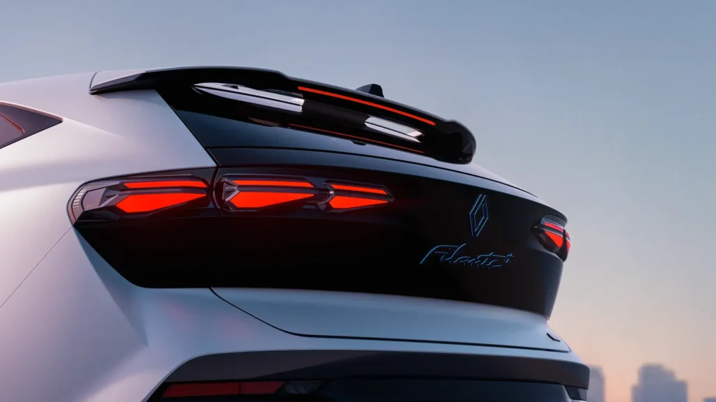 Close-up of the Renault Filante’s 3D triple-line LED tail lamps and floating roof spoiler.