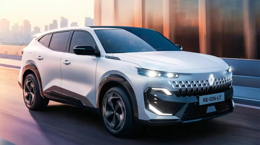 Dynamic shot of the Renault Filante driving on an urban road, highlighting its aerodynamic silhouette.