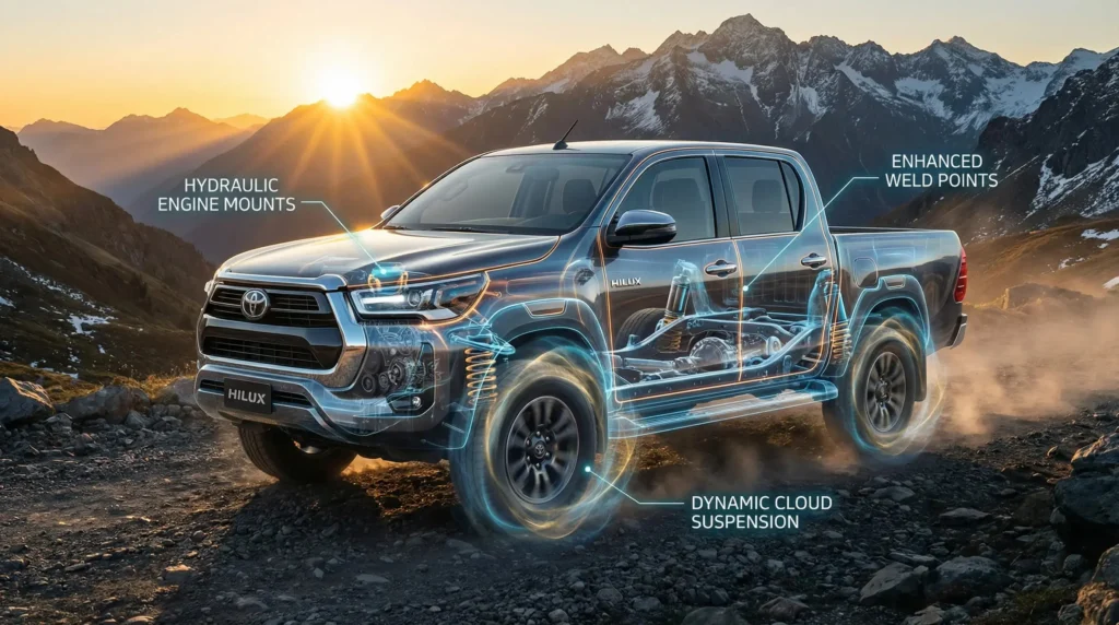 X-ray view of Hilux Travo showing Dynamic Cloud Suspension and Hydraulic Mounts.