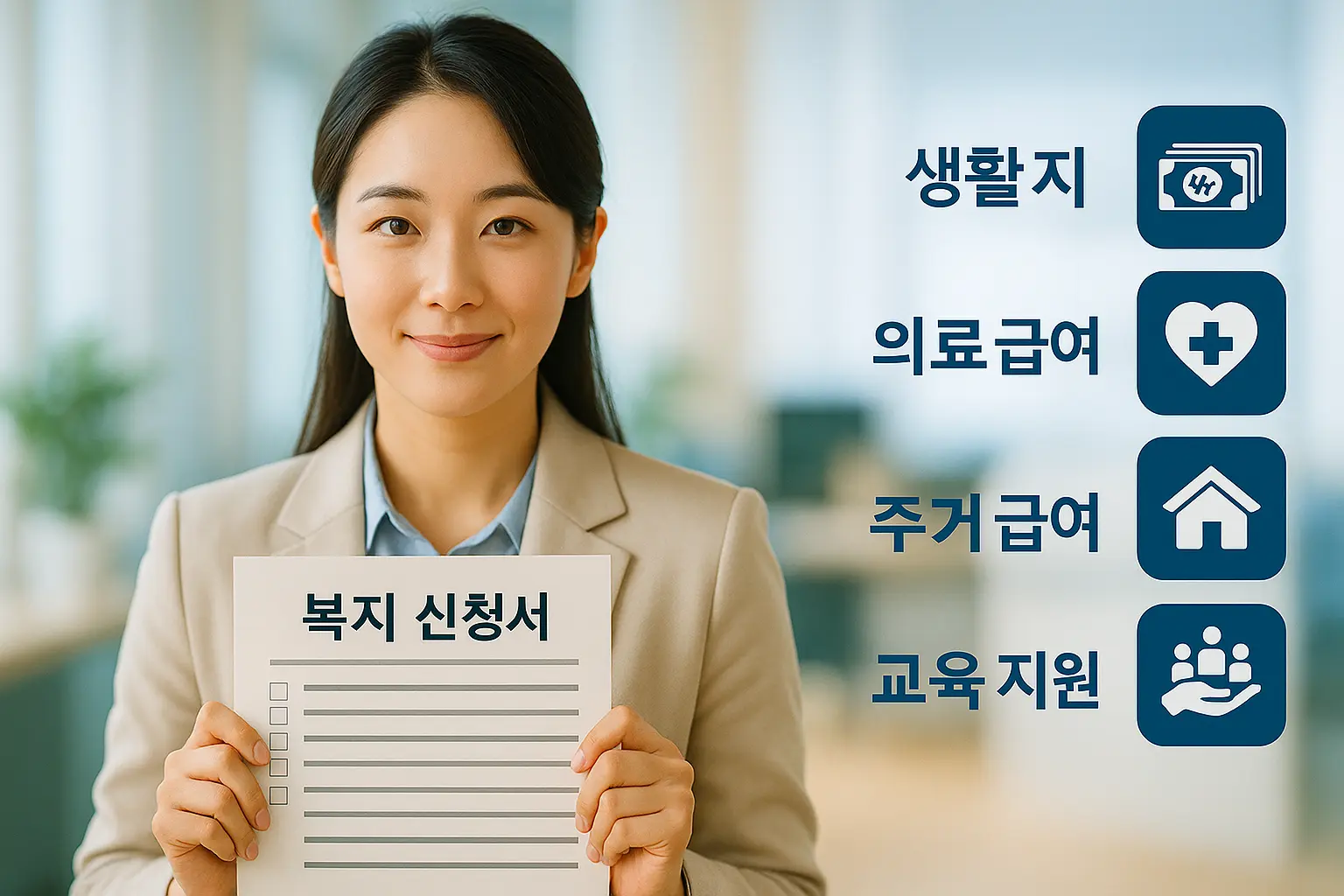 2025 기초생활보장 완벽정리 복지 신청서를 들고 있는 상담원