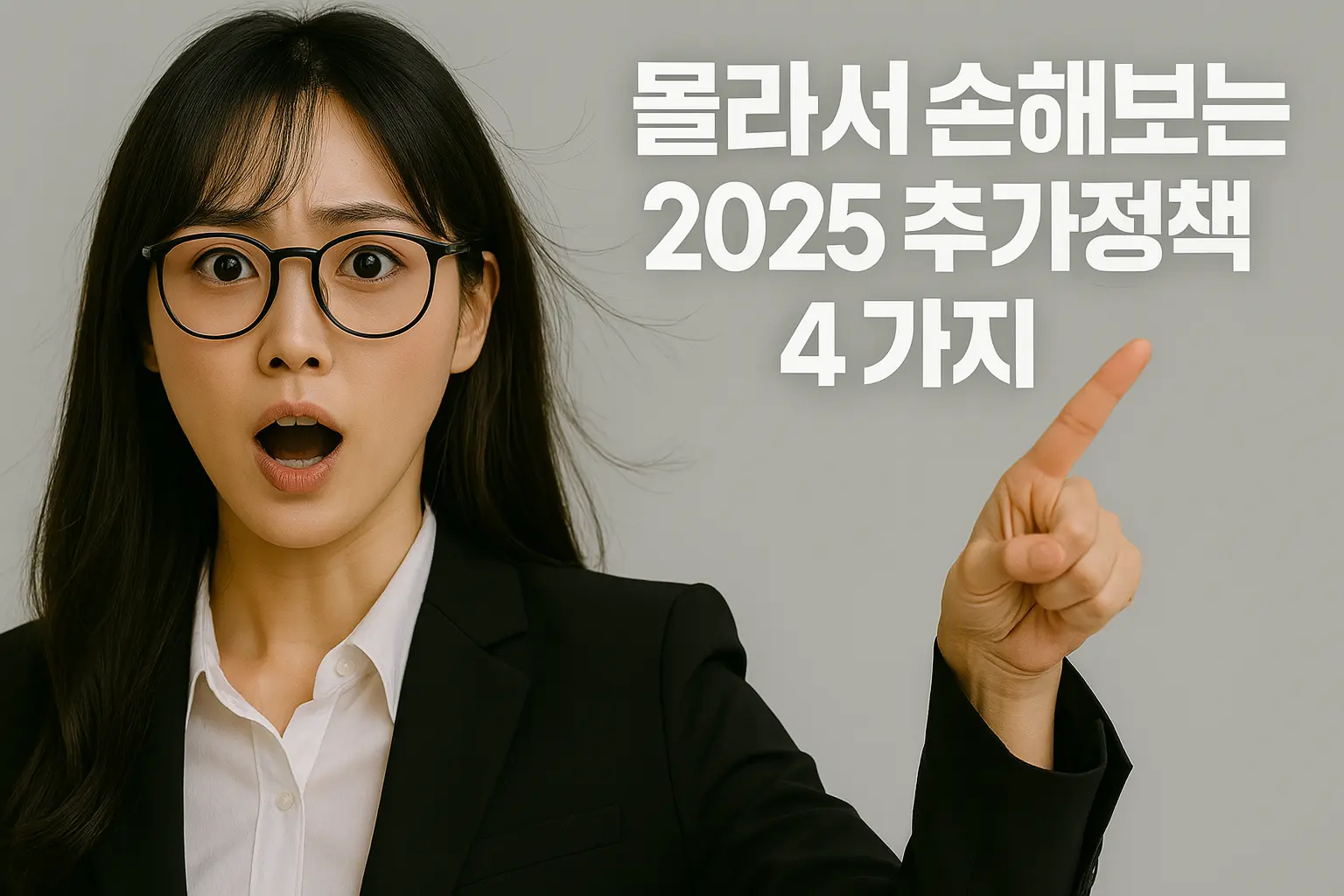 놀란 표정으로 2025년 추가 정책을 가리키는 여성