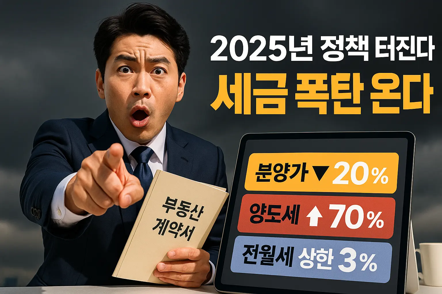 2025년 한국 부동산 세금 “세율 인상 안내판을 확인하는 중년 부동산 투자자”