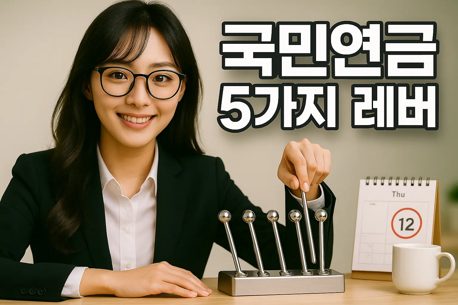 국민연금 추후납부 계산 가이드 국민연금 5가지 레버를 설명하는 여성 컨설턴트와 레버 장치