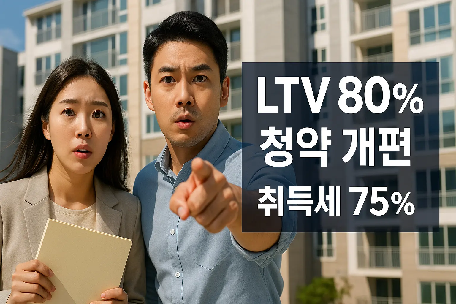 아파트 앞에서 2025년 부동산 정책 변화를 확인하는 무주택 부부